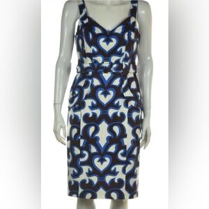 David Meister Blue and Brown geo print Patterned Dress with belt size 6 Midi